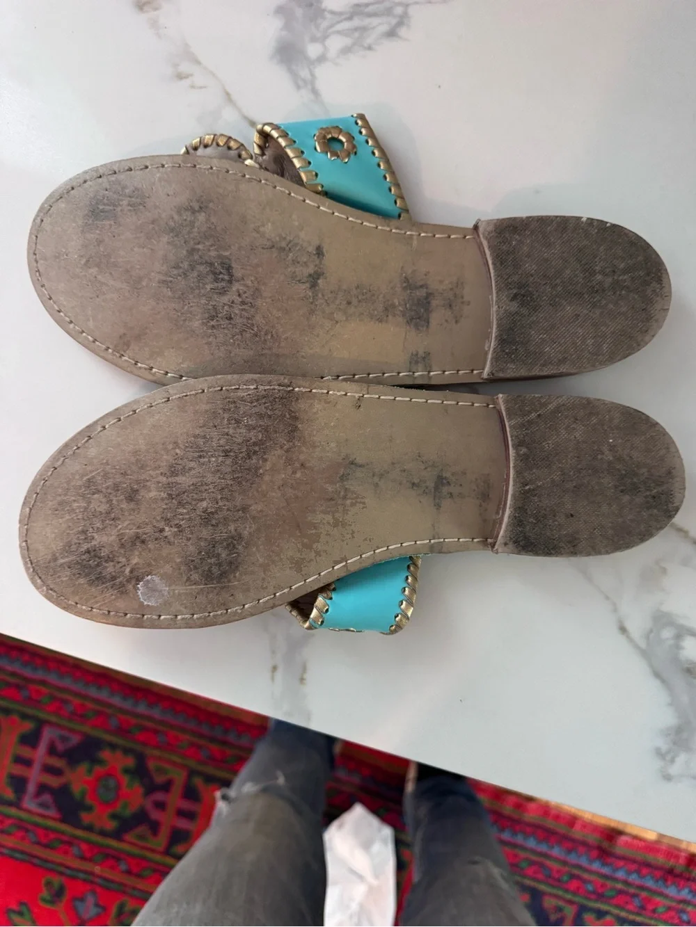 Jack Rogers Turquoise and Gold Leather Slide Sandals